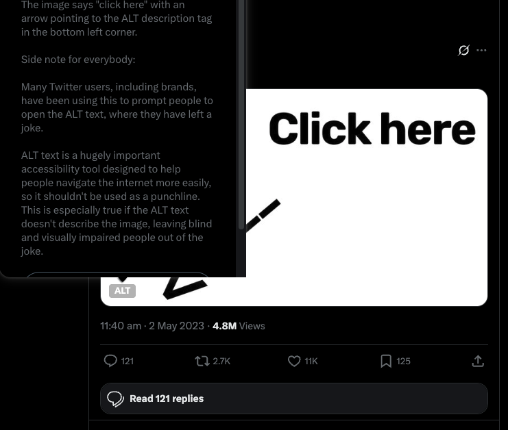 Screenshot of a LinkedIn post from Specsavers. The image reads ‘Click here’ in bold black text, with a black arrow pointing to the word ‘ALT’ in the bottom left corner. The surrounding caption explains why using ALT text for jokes excludes visually impaired users.